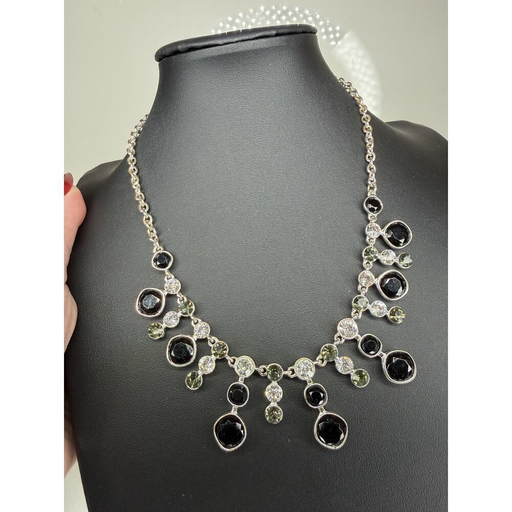 Black Green Rhinestone Bib Statement Necklace Round Glass Silver Tone